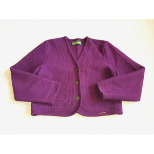 Womens Sweater-GEIGER-AUSTRIA-Vintage-purple boiled wool cardigan ls-36/US 6